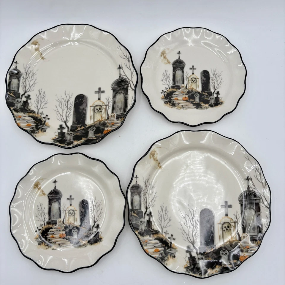 Juego de 4 platos de cena de cementerio de Halloween Potter's Studio decoración de otoño espeluznante Foto 4 de 4