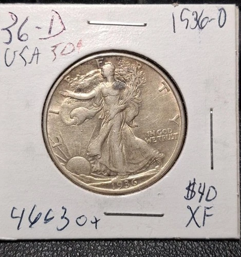 USA 1936-D 50 cents Walking Liberty half dollar  old silver coin  #4663 XF