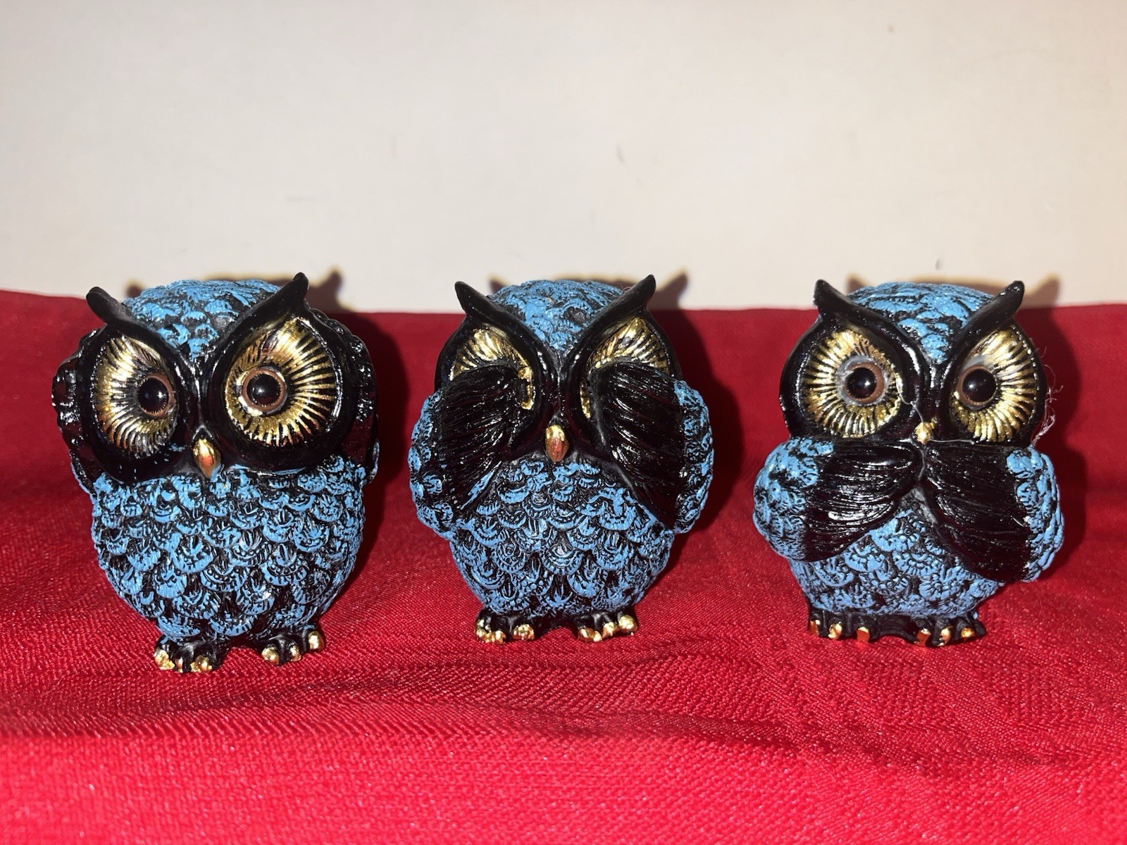 Set 3 Blue Resin 3” Owls Hear No See No Speak No Evil Figures