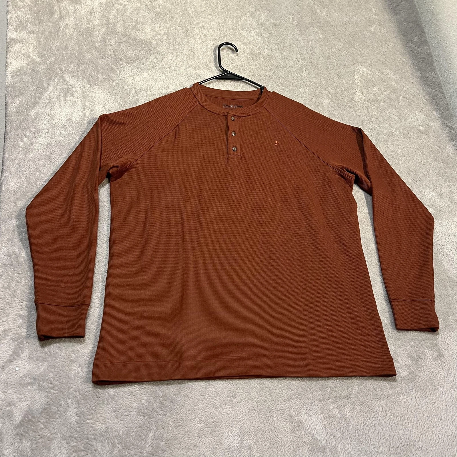 Duck Camp Waffle Shirt Mens XL Orange Long Sleeve Henley Thermal Top Base Layer