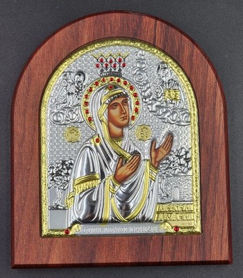 Greek Byzantine Orthodox Christian Our Lady of Ephesus 950 Silver Art on Wood 6''