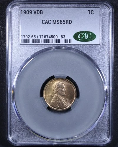1909 VDB Lincoln Wheat Cent - 1c CACG MS65 RD - Red - Great Example!