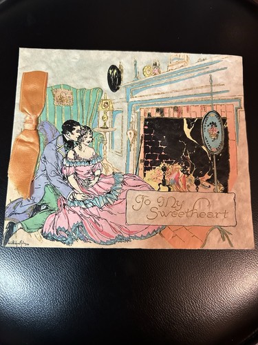 Vintage Art Deco Victorian Couple Parchment Type Paper Greeting Card-USED