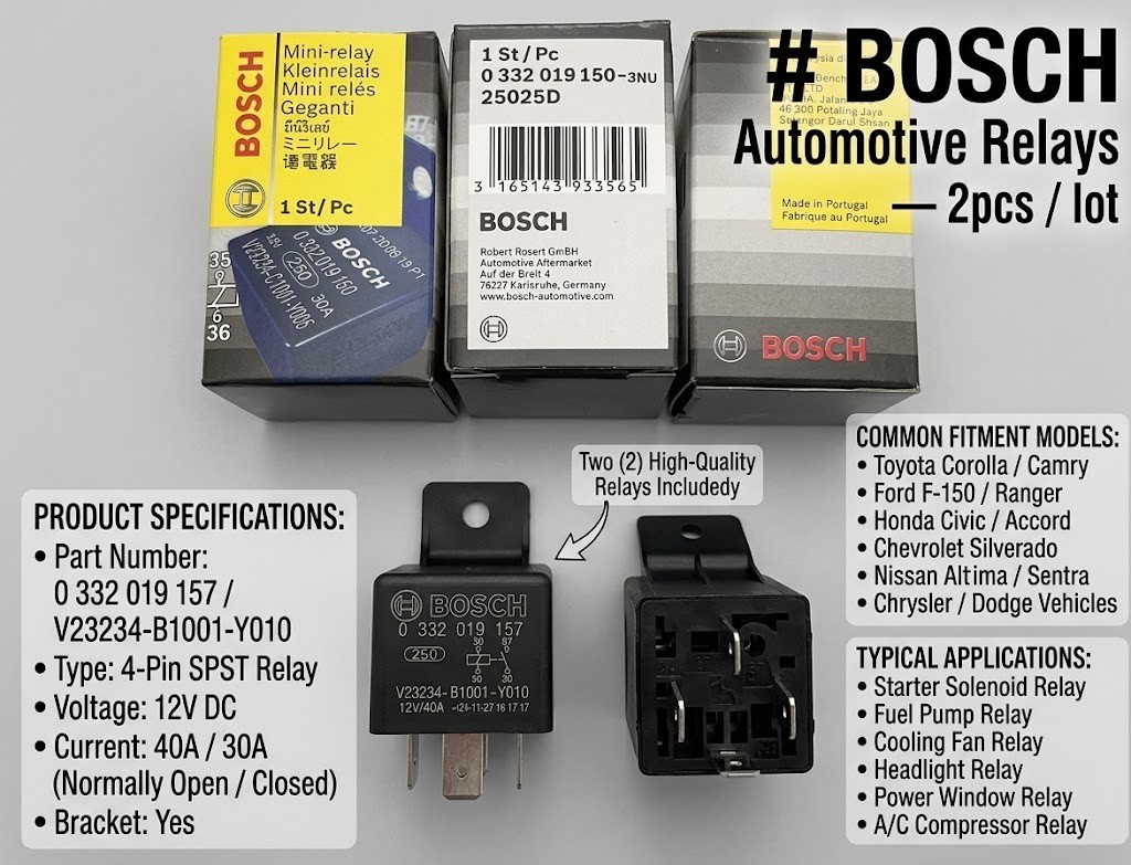 2pcs Bosch 12V 4-Pin 40A Relays 0332019157 for Starter Fuel Pump Headlight RH