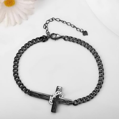 Men's 925 Sterling Silver Cross Bracelet with Crown of Thorns