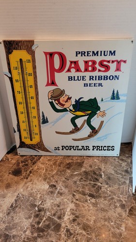 Pabst Beer Guy Snow Sking Statue Metal Thermometer Advertising Sign 1960s VTG