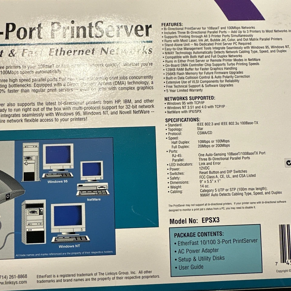 Linksys EPSX3 Etherfast 10/100 3-port Print Server - Image 3 of 4