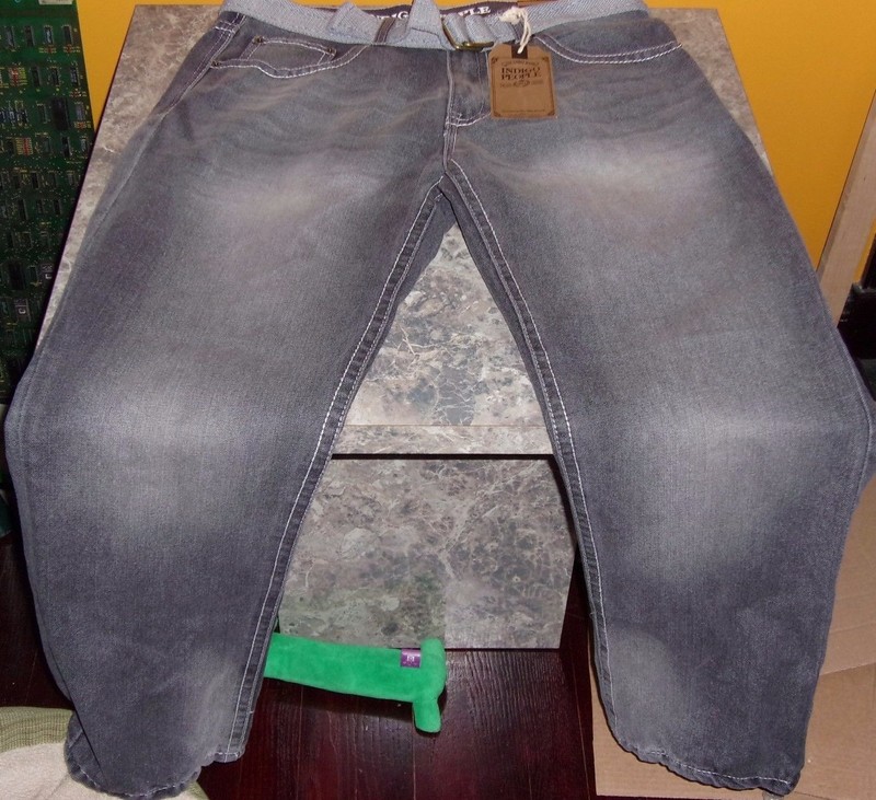 New men's slim straight INDIGO PEOPLE gray/black jeans with belt size W34XL30
