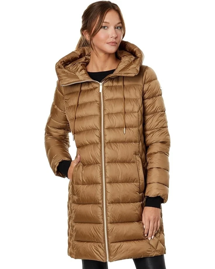 Cappotto imbottito trapuntato Michael Kors confezionabile con cappuccio cammello scuro beige nylon taglia XL