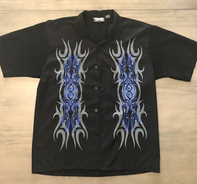Dragonfly Mens Rockabilly Black Blue Embroidered Flames Button Up XL Free Ship