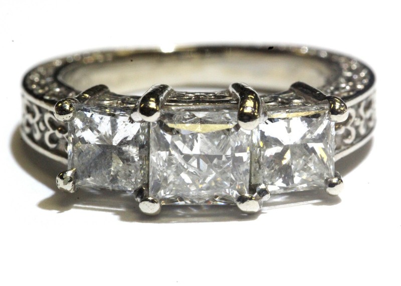 14k white gold 2.28ct princess diamond 3 stone ring 5.4g hand carved anniversary