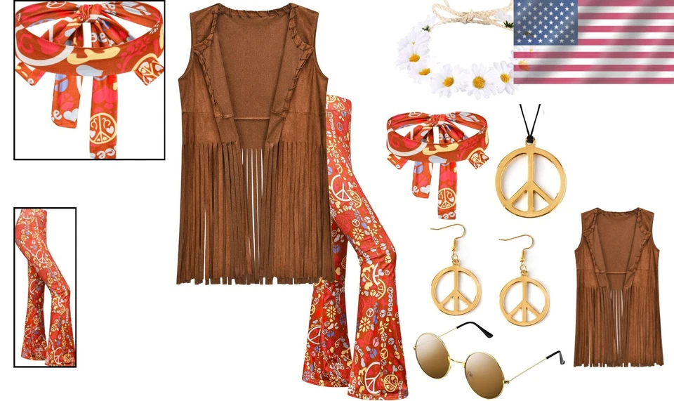 Conjunto de Disfraz Hippie Años 70 7 Piezas con Chaleco con Flecos y Accesorios - Mediano Foto 2 de 4
