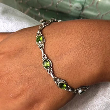 Solid 925 Sterling Silver Natural Peridot Gemstone Adjustable Bracelet Gift R-81