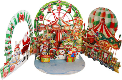3D Pop up Christmas Carnival Card - Ferris Wheel, Carousel & Rabbit Scene, 5.8''X