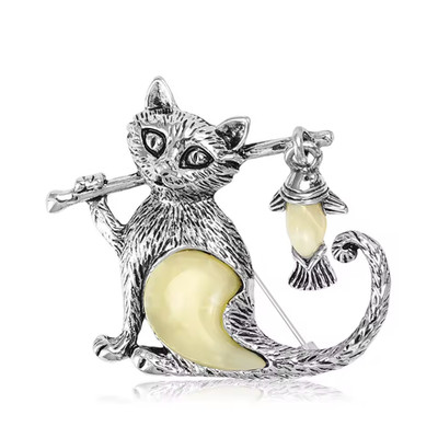 Vintage Style Whimsical Cat Fishing Brooch Silver Kitten Pin Animal Jewelry Gift