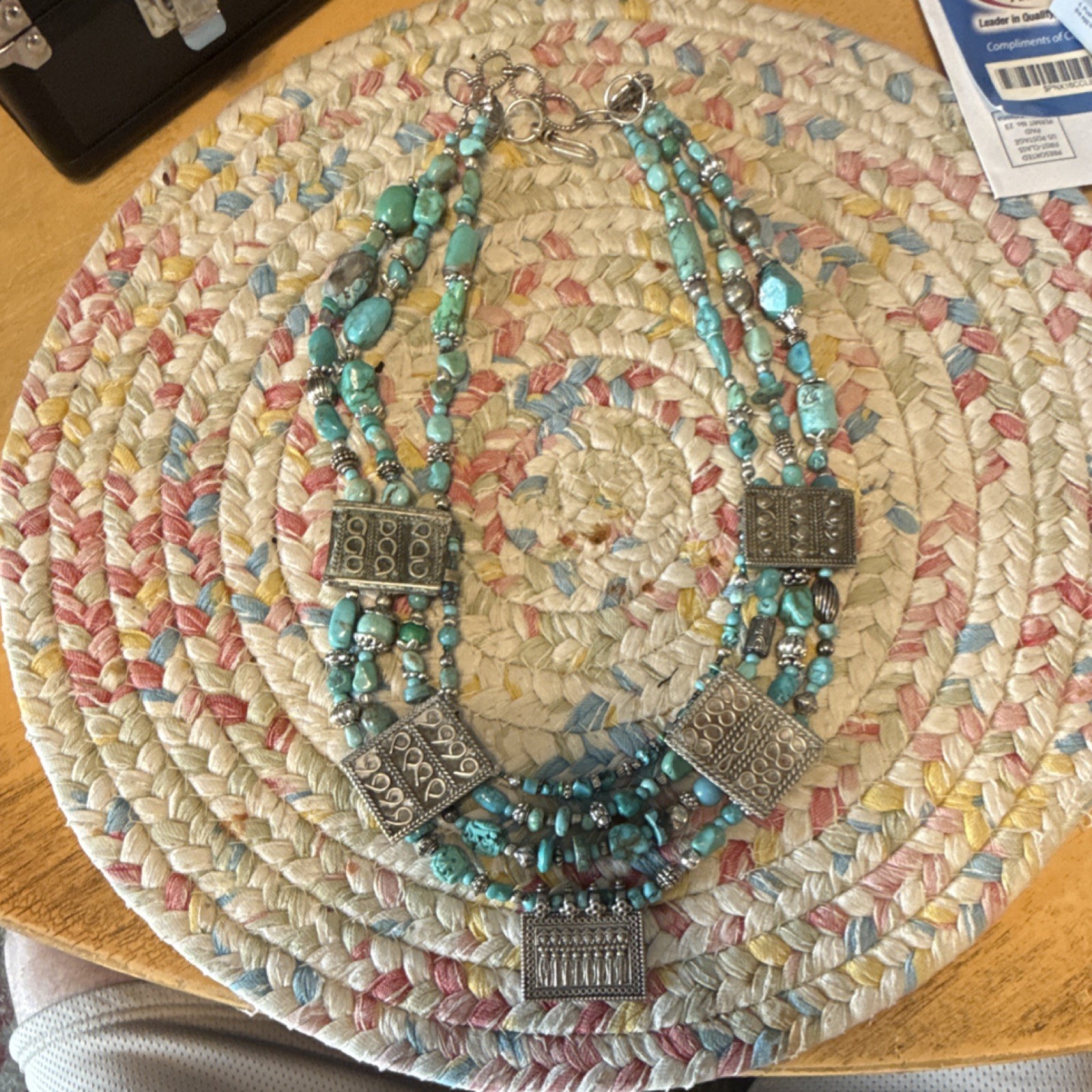 Beaded Necklace Turquoise Rectangular Silver Pend… - image 1