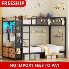 Twin Over Twin Metal Bunk Bed with Hall Tree, LED Bunk Bed with 4 Storage Drawer