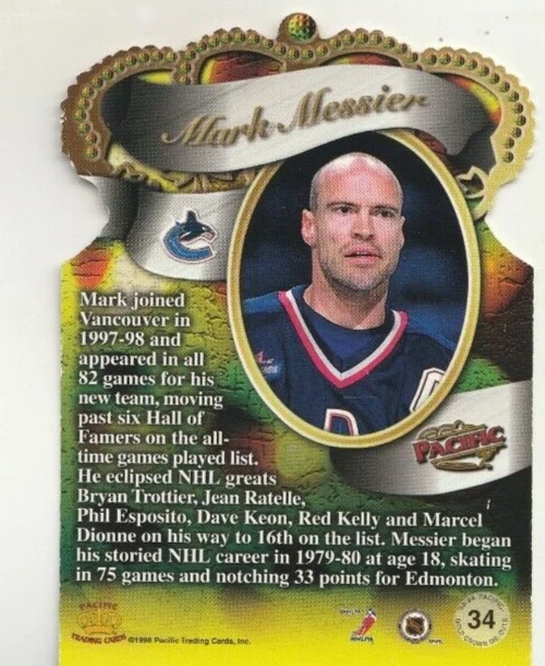1998-99 Pacific Gold Crown Die-Cuts #34 Mark Messier - Image 2 of 3