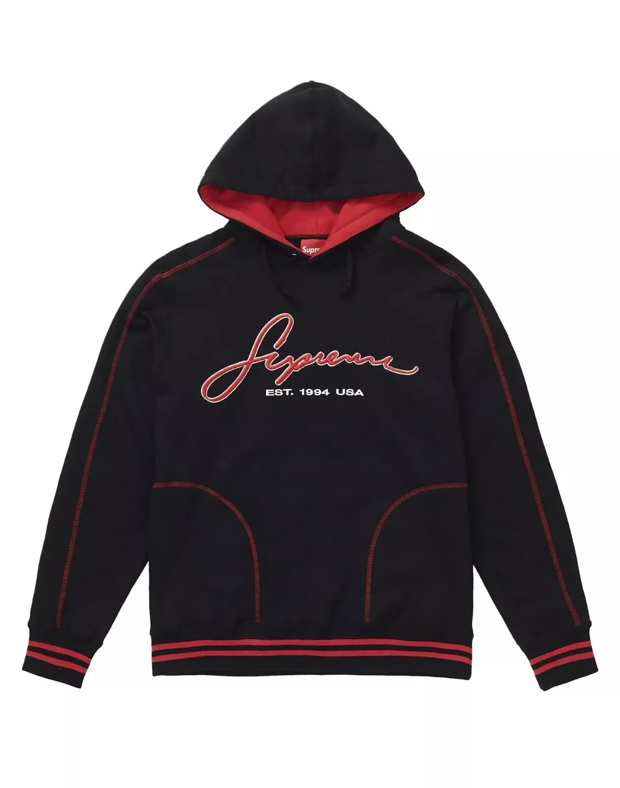 Sweat à capuche brodé Supreme Contrast noir SS19 moyen AUTHENTIQUE rare poids lourd