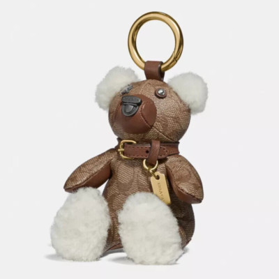 小物 COACH Signature brown Key Ring Charm NWT COACH BEAR Bag Charm Key Ring Mix Leather KHAKI BROWN Sig