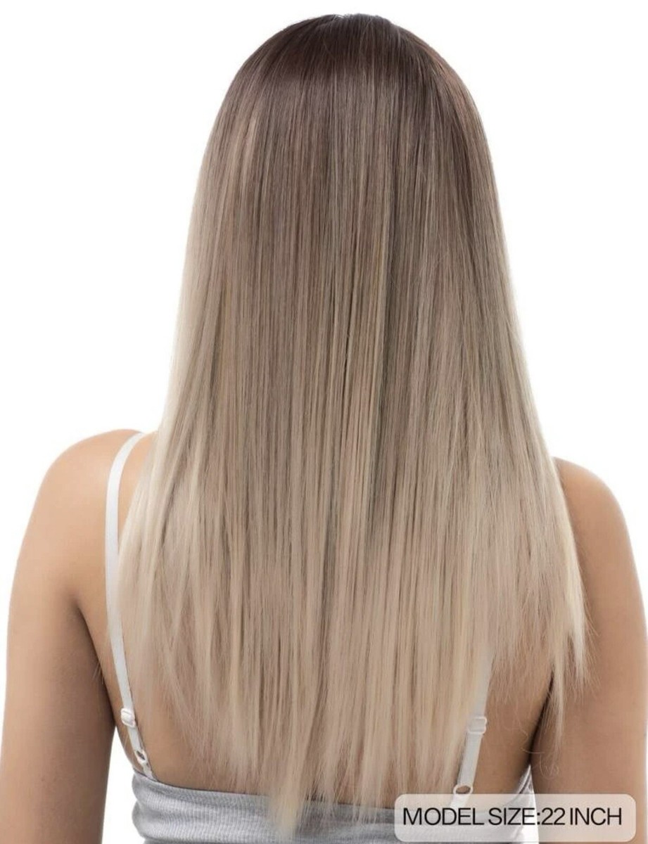 Perruque Longue Synthétique Blonde Dorée - Racines Foncées, Style Lisse Et Naturel - Livrée Avec 4 Bonnets