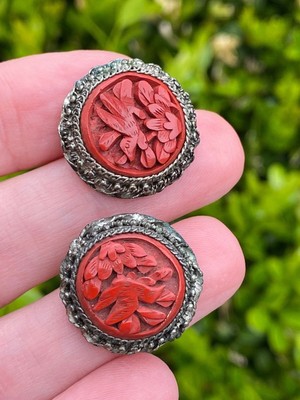 Antique Chinese Cinnabar Earrings With Birds And Lotus Flower Ebay