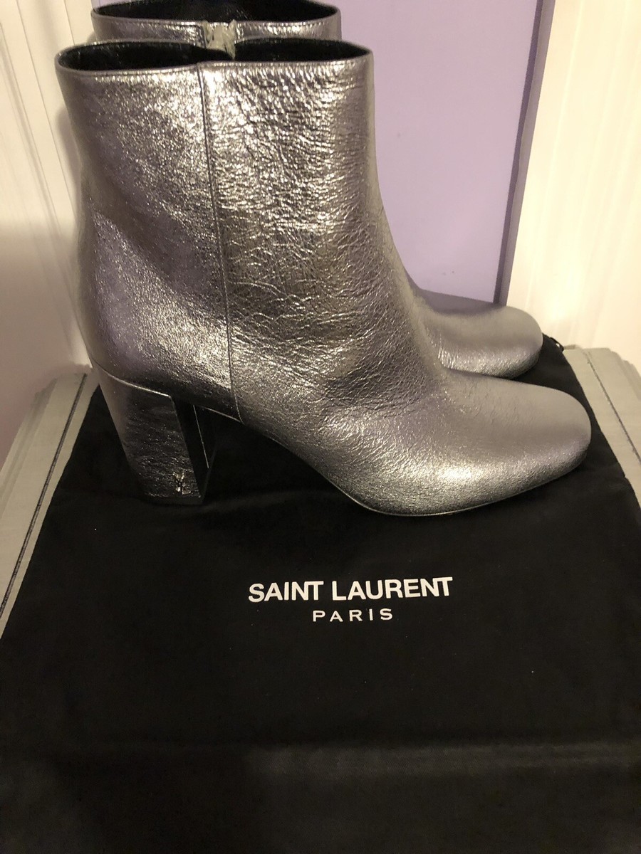 NWB, SAINT LAURENT (YSL) CRACKLED METALLIC LEATHER MID-HEEL BOOTS