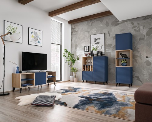 NEU komodee Fondi Wohnwand TV, Blau Holz, Vitrine Sideboard Lowboard Weinregal - Bild 2 von 13
