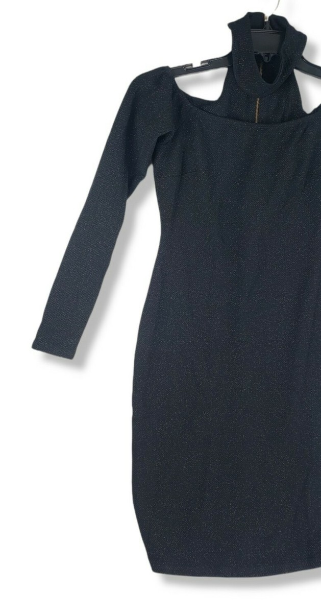 black glitter jumper dress Black Sequin Balloon Sleeve Knitted Belted Jumper Dress