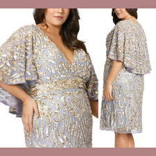NWT 398 Mac Duggal  14W  Embellished Cape Sleeve Cocktail Dress Platinum G1337