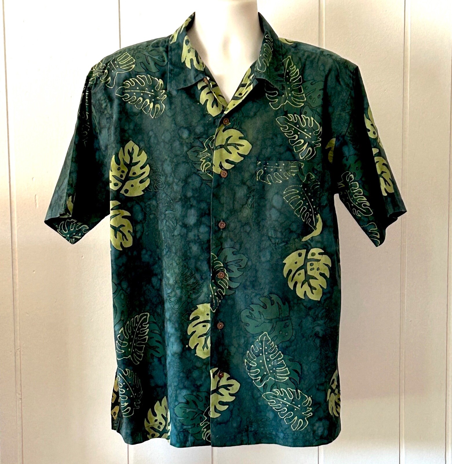 Lands End Hawaiian Shirt Mens Large Dark Green Tropical Batik Leaves Cotton eBay