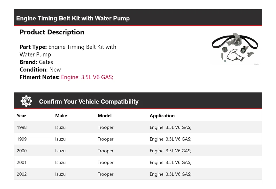 Kit de correa de distribución de motor Isuzu Trooper 1998-2002 con puertas de bomba de agua 1999 Foto 2 de 4
