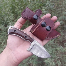 Damascus Small Fixed BLade Neck Knife Handmade EDC, Outdoor Camping Hiking