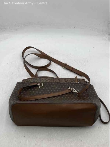 DKNY Womens Brown Leather Monogram Crossbody Detachable Strap Satchel Bag