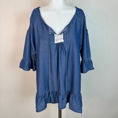 Absolutely Famous Top Small Blue Chambray Tie-Neck Cold Shoulder Ruffle Blouse