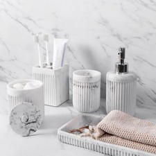 White Marble Bathroom Accessories Set 5 Pcs, Lotion Soap Dispenser, Toothbrush