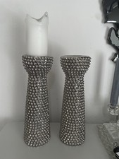 Two Silver Ceramic Large Candle Holders