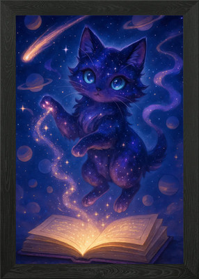 Kosmische Katze mit magischem Buch gerahmtes Wandbild Poster Leinwanddruck Bild