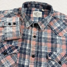 TRUE GRIT Plaid Long Sleeve Shirt Blue Pink Yellow Button Down Men's L Cotton