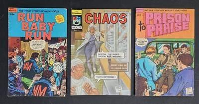 3 Bronze Age Christian Comic Books Prison to Praise Chaos Run Baby Run 1974 '75