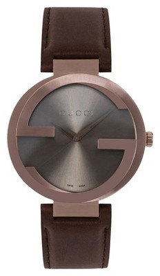 Gucci Interlocking XL Brown PVD Braunes Lederarmband Quarz Herren Uhr YA133214