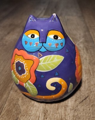 Laurel Burch Blossom Floral Colorful Ceramic Fat Cat Bank Purple