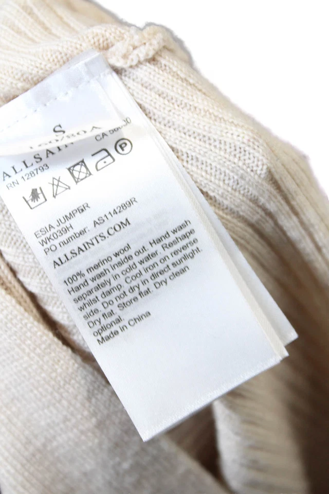 Suéter Allsaints Mujer Manga Larga Abertura Lateral Cuello Barco Beige Lana Talla Pequeña Foto 4 de 4
