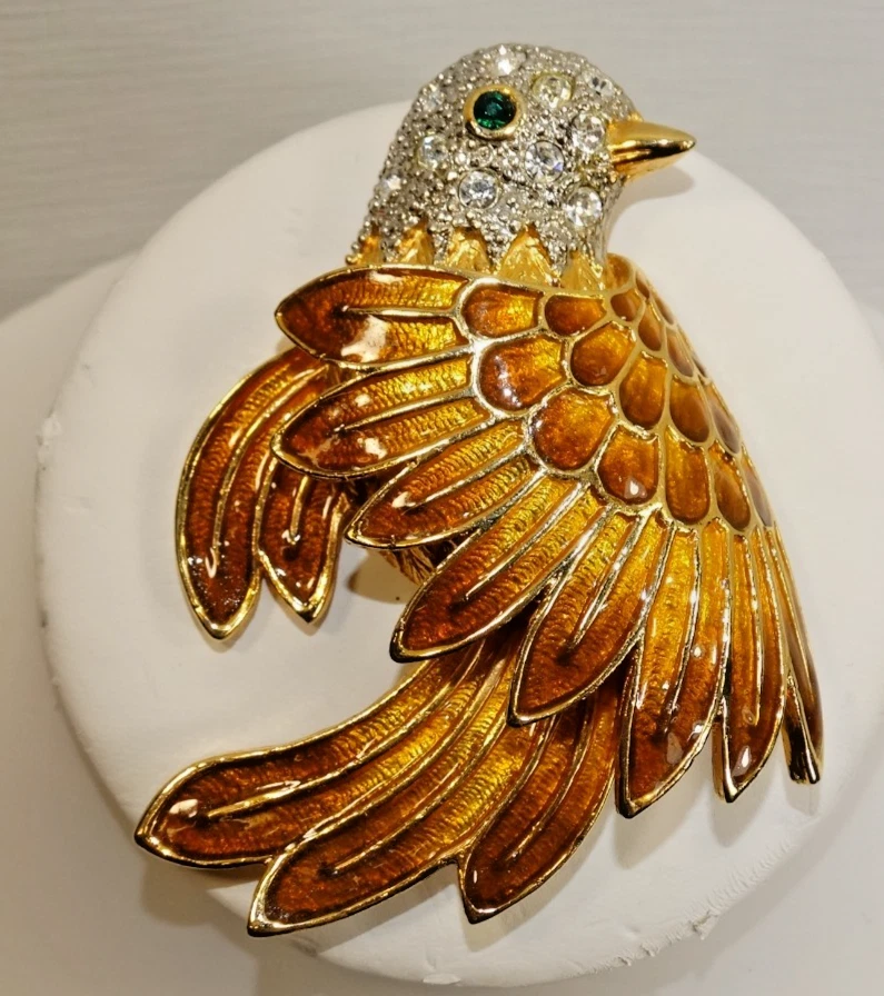 Broche bijou de costume vintage ton or oiseau strass en vol | épingle