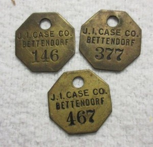 (3) J. I. CASE TRACTOR CO BETTENDORF IA IOWA ~ BRASS TOOL CHECK TAG MARKER TOKEN