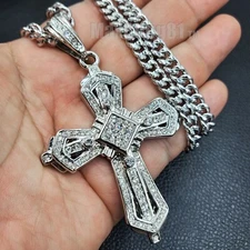 Large Antique Cross Hip Hop Iced CZ Pendant & 6mm 24" 30" Cuban Chain Necklace