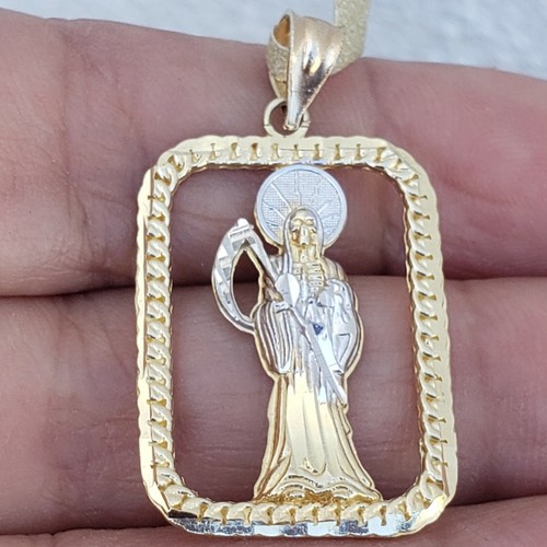 14k Gold santa muerte grim reaper angel of death pendant rectangular 1.25"  - Picture 8 of 10
