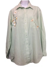 Las Olas Button-Up Top Granny Core Medium Green&White Stripes Floral Embroidery