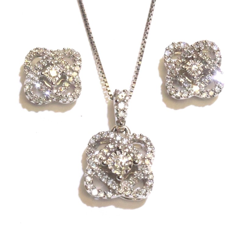 10k white gold .64ct diamond cluster love knot earrings pendant necklace set 19"