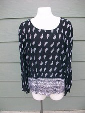 Womens Paisley Tunic Shirt Top Sz XL 16 18 Black Cross Back Rayon Faded Glory